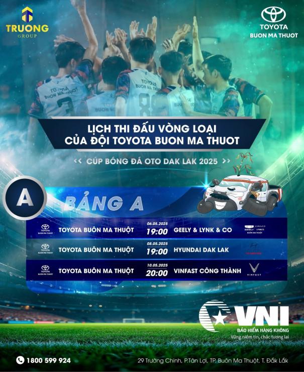 LỊCH THI ĐẤU BẢNG A – CÚP BÓNG ĐÁ Ô TÔ ĐẮK LẮK 2025