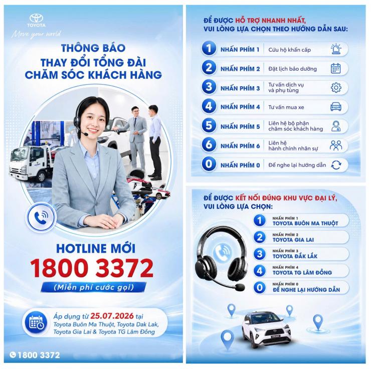 TOYOTA BUÔN MA THUỘT THÔNG BÁO THAY ĐỔI SỐ TỔNG ĐÀI CHĂM SÓC KHÁCH HÀNG
