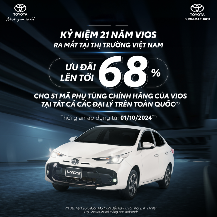 ƯU ĐÃI GIẢM GIÁ PHỤ TÙNG CHO XE VIOS TẠI TOYOTA BUÔN MA THUỘT