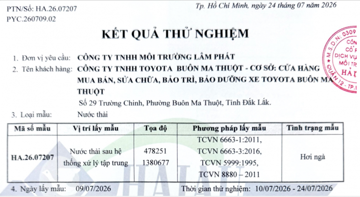CÔNG BỐ KẾT QUẢ QUAN TRẮC NƯỚC THẢI NĂM 2026 TẠI CÔNG TY TNHH TOYOTA BUÔN MA THUỘT